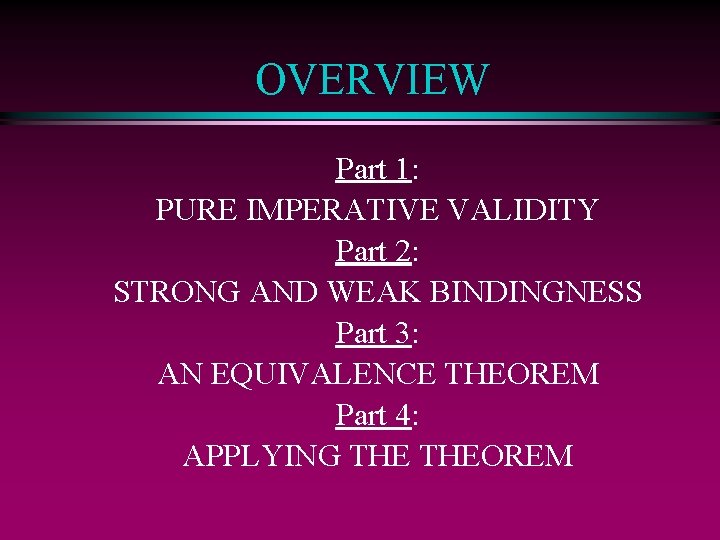 OVERVIEW Part 1: PURE IMPERATIVE VALIDITY Part 2: STRONG AND WEAK BINDINGNESS Part 3: