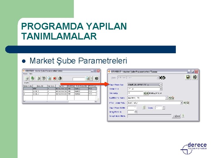 PROGRAMDA YAPILAN TANIMLAMALAR l Market Şube Parametreleri 