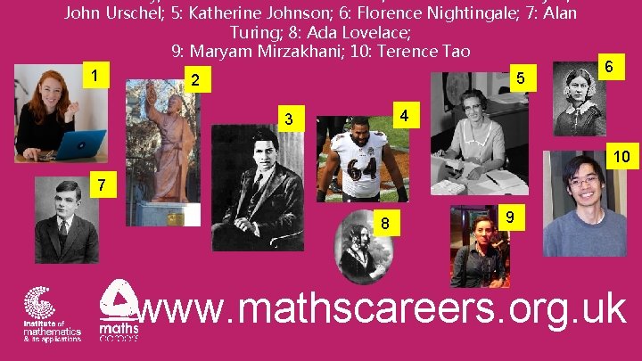 John Urschel; 5: Katherine Johnson; 6: Florence Nightingale; 7: Alan Turing; 8: Ada Lovelace;