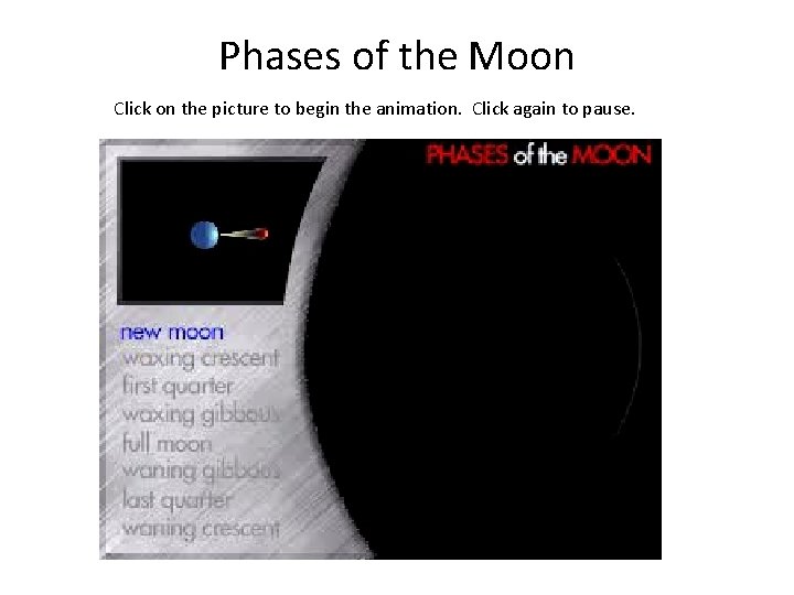 Phases of the Moon Click on the picture to begin the animation. Click again