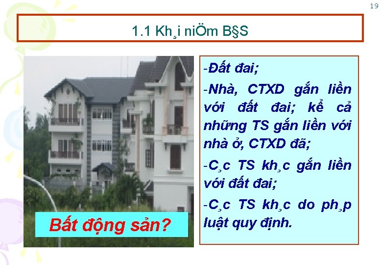 19 1. 1 Kh¸i niÖm B§S Đất đai; Nhà, CTXD gắn liền với đất