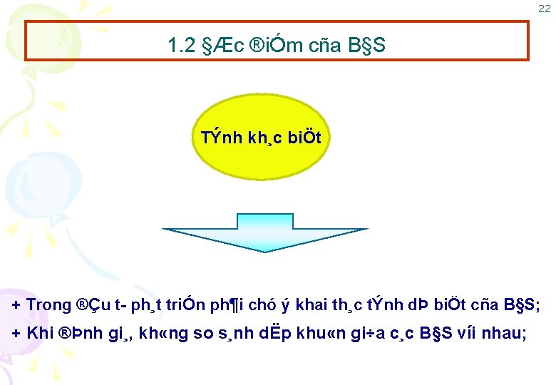 22 1. 2 §Æc ®iÓm cña B§S TÝnh kh¸c biÖt + Trong ®Çu t