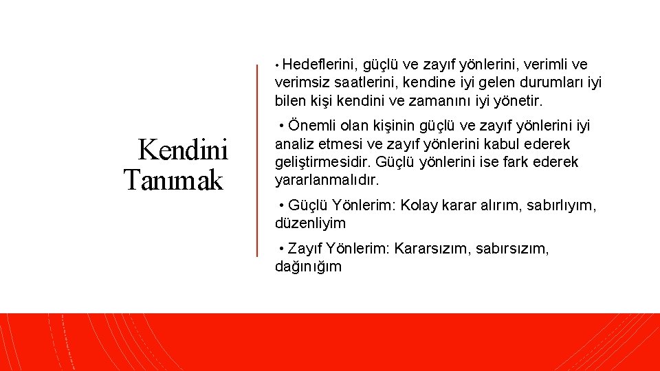  • Hedeflerini, güçlü ve zayıf yönlerini, verimli ve verimsiz saatlerini, kendine iyi gelen