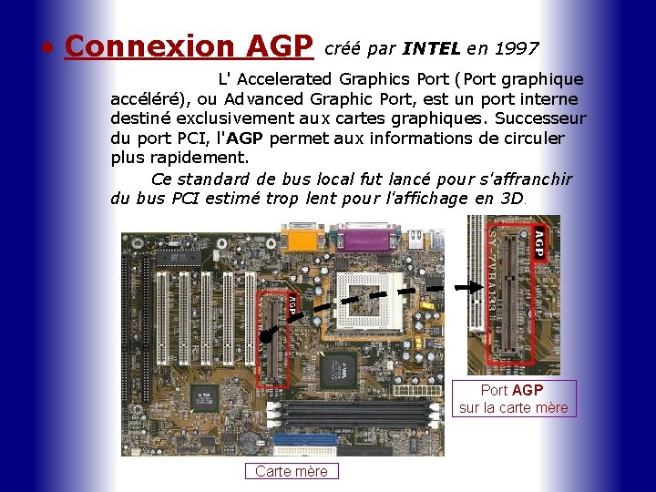  • Connexion AGP créé par INTEL en 1997 L' Accelerated Graphics Port (Port