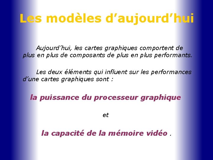 Les modèles d’aujourd’hui Aujourd’hui, les cartes graphiques comportent de plus en plus de composants