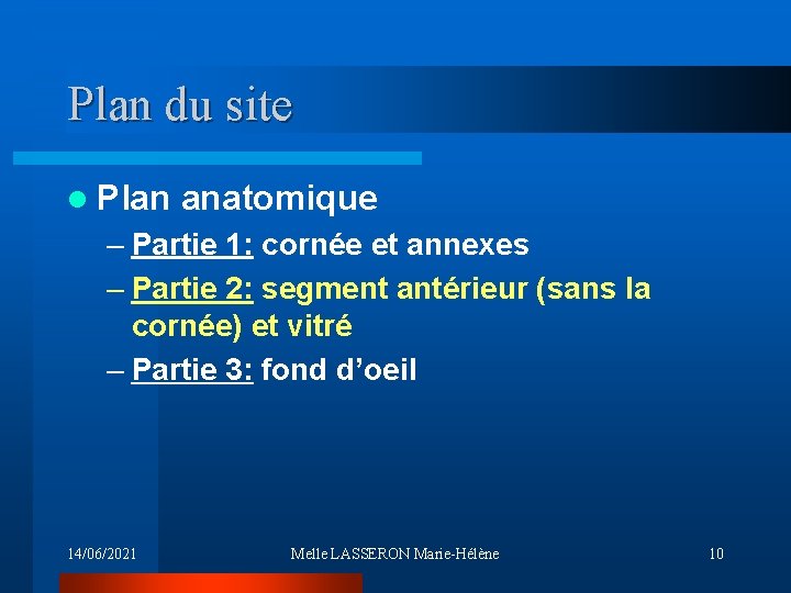 Plan du site l Plan anatomique – Partie 1: cornée et annexes – Partie