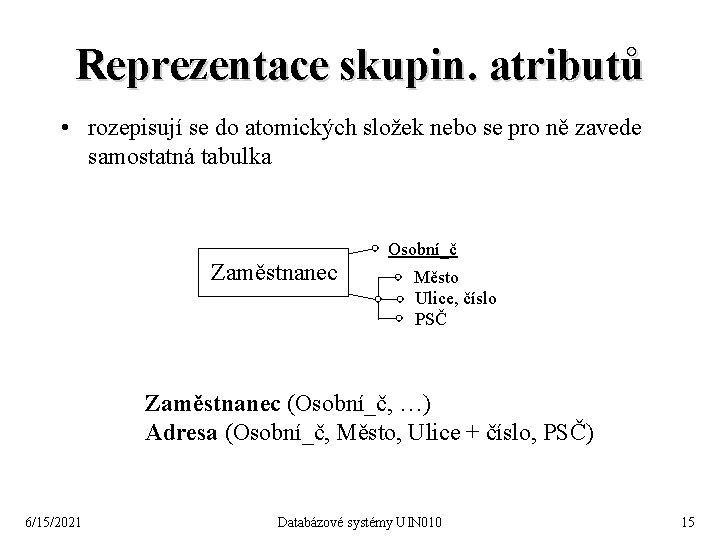 Reprezentace skupin. atributů • rozepisují se do atomických složek nebo se pro ně zavede