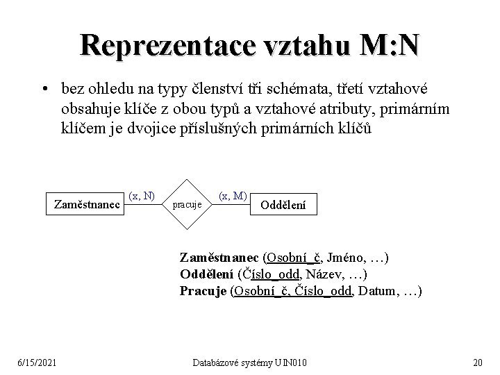 Reprezentace vztahu M: N • bez ohledu na typy členství tři schémata, třetí vztahové