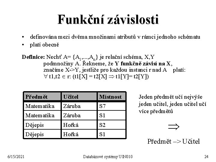 Funkční závislosti • definována mezi dvěma množinami atributů v rámci jednoho schématu • platí