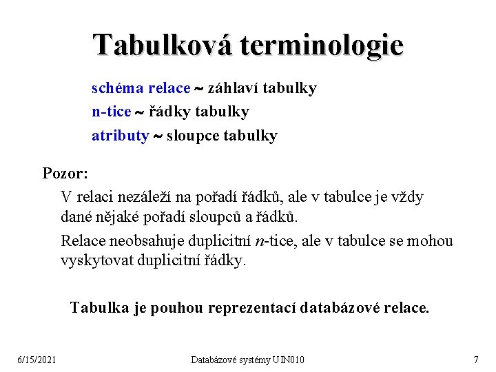 Tabulková terminologie schéma relace záhlaví tabulky n-tice řádky tabulky atributy sloupce tabulky Pozor: V