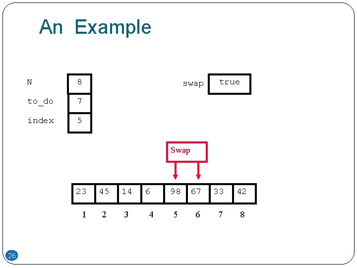 An Example N 8 to_do 7 index 5 swap true Swap 23 1 26