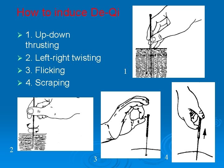 How to induce De-Qi 1. Up-down thrusting Ø 2. Left-right twisting Ø 3. Flicking