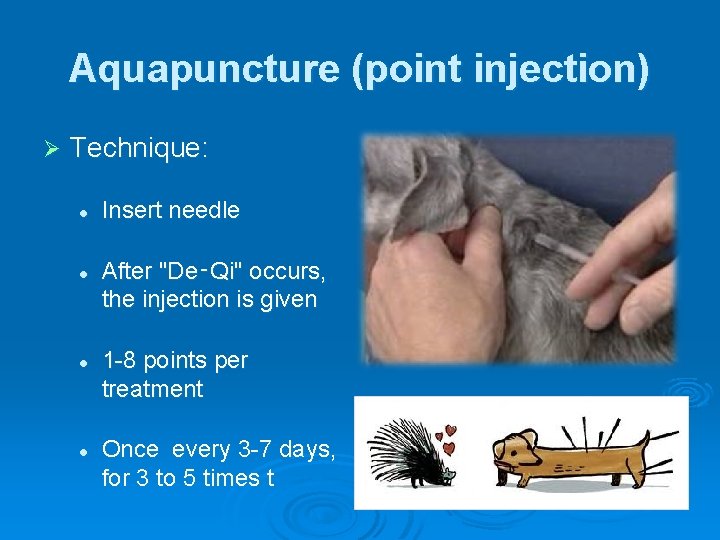 Aquapuncture (point injection) Ø Technique: l l Insert needle After "De‑Qi" occurs, the injection