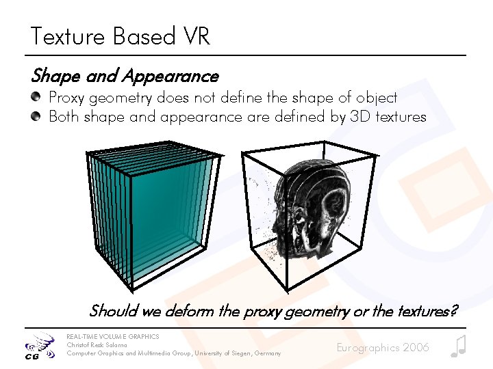 Texture Based VR Shape and Appearance Proxy geometry does not define the shape of