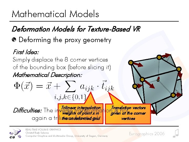 Mathematical Models Deformation Models for Texture-Based VR Deforming the proxy geometry First Idea: Simply