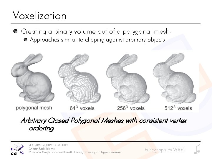 Voxelization Creating a binary volume out of a polygonal mesh. Approaches similar to clipping