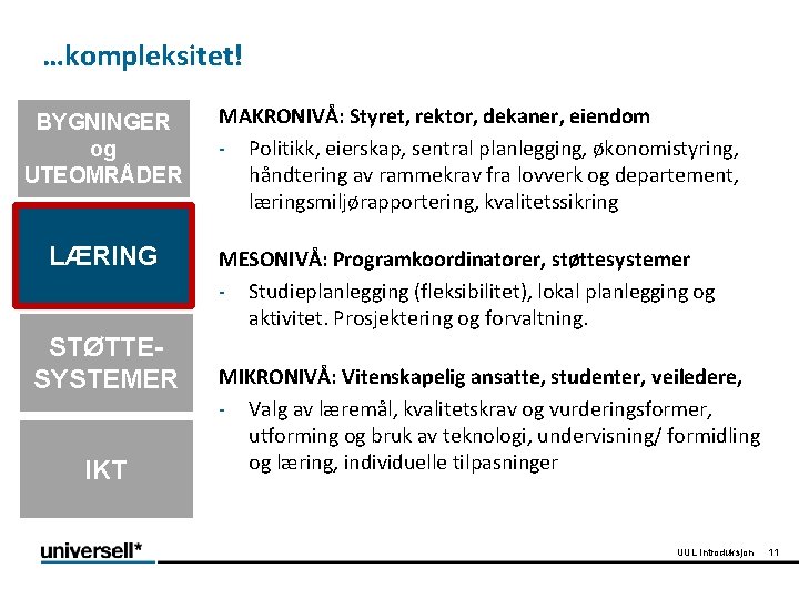 …kompleksitet! BYGNINGER og UTEOMRÅDER LÆRING STØTTESYSTEMER IKT MAKRONIVÅ: Styret, rektor, dekaner, eiendom - Politikk,