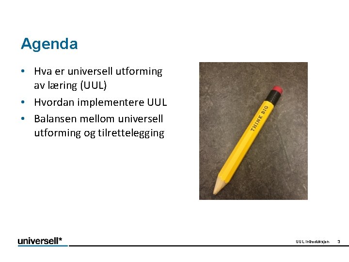 Agenda • Hva er universell utforming av læring (UUL) • Hvordan implementere UUL •