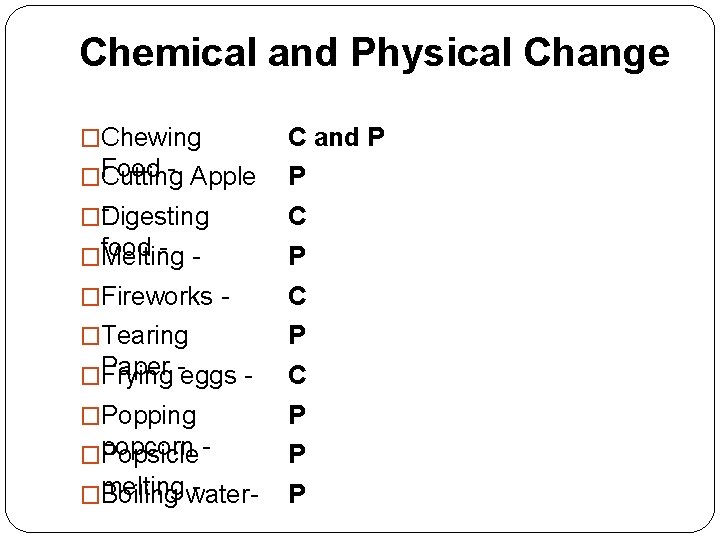 Chemical and Physical Change �Chewing C and P - Apple �Food Cutting P �-Digesting