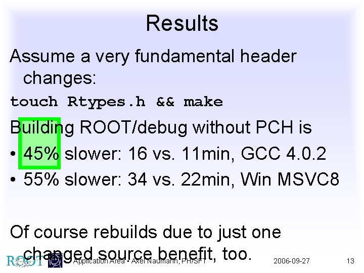 Results Assume a very fundamental header changes: touch Rtypes. h && make Building ROOT/debug