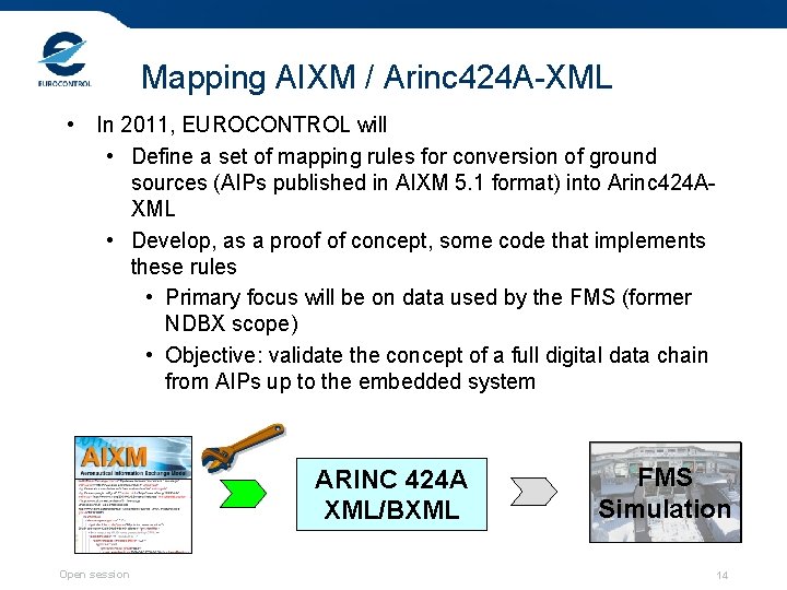 Mapping AIXM / Arinc 424 A-XML • In 2011, EUROCONTROL will • Define a
