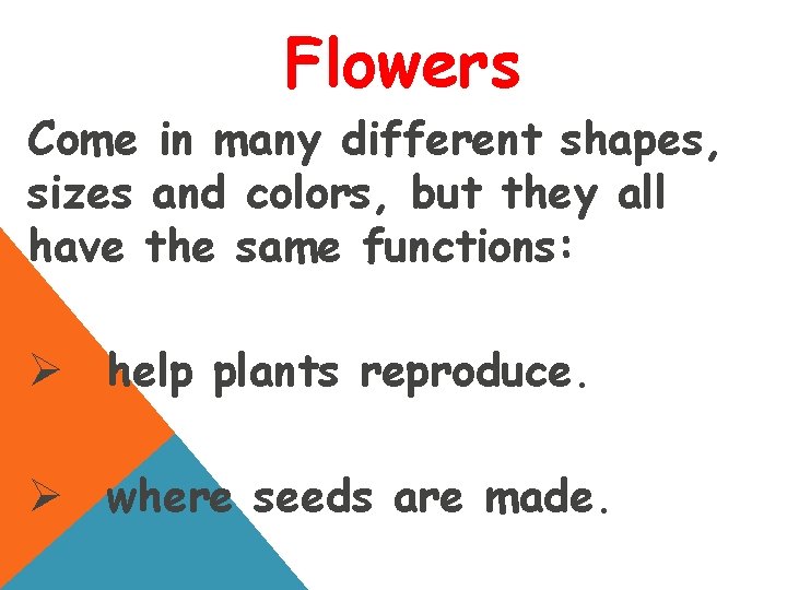 Flowers Come in many different shapes, sizes and colors, but they all have the