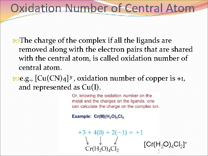 Oxidation Number of Central Atom The charge of the complex if all the ligands