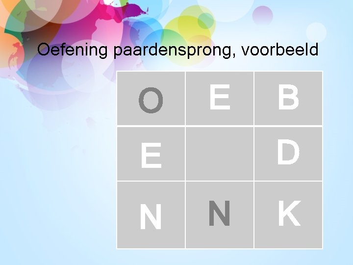 Oefening paardensprong, voorbeeld O E D E N B N K 