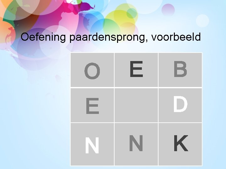 Oefening paardensprong, voorbeeld O E D E N B N K 