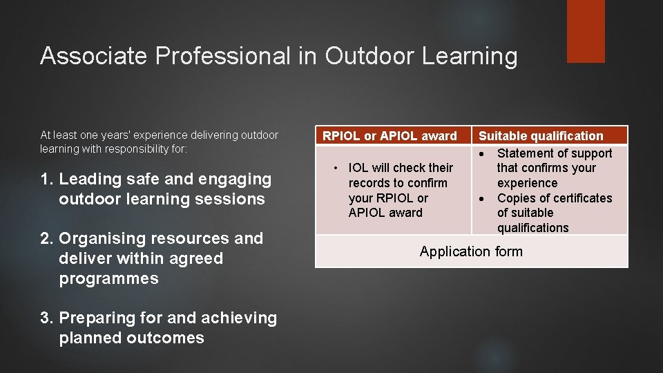 Associate Professional in Outdoor Learning At least one years' experience delivering outdoor learning with