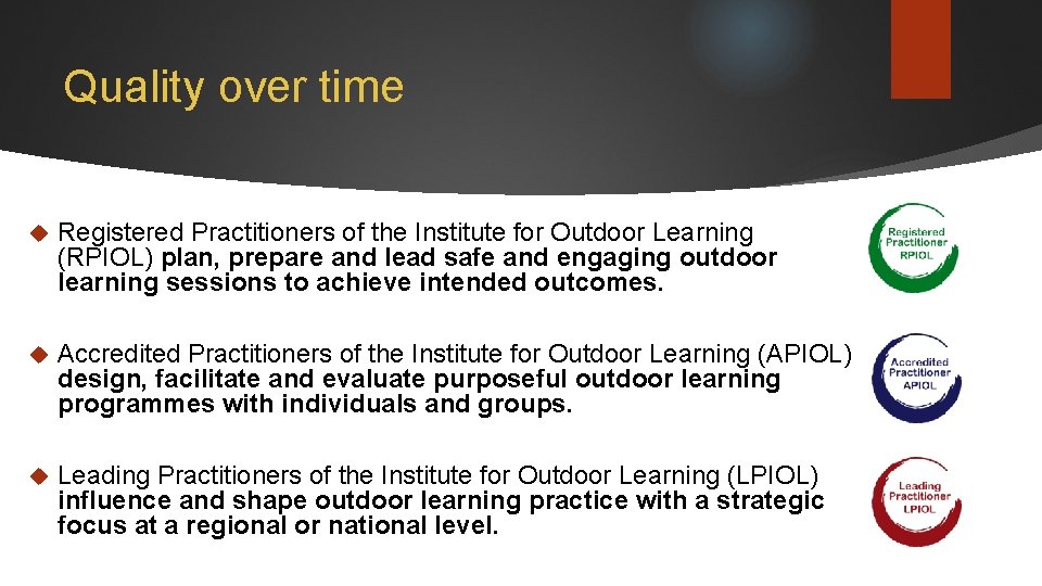 Quality over time Registered Practitioners of the Institute for Outdoor Learning (RPIOL) plan, prepare