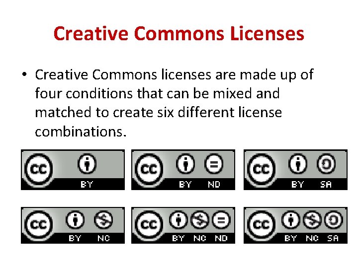 Creative Commons Licenses • Creative Commons licenses are made up of four conditions that