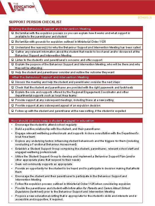 SUPPORT PERSON CHECKLIST During the Behaviour Support and Intervention Meeting q Be familiar with SUPPORT PERSON CHECKLIST During the Behaviour Support and Intervention Meeting q Be familiar with