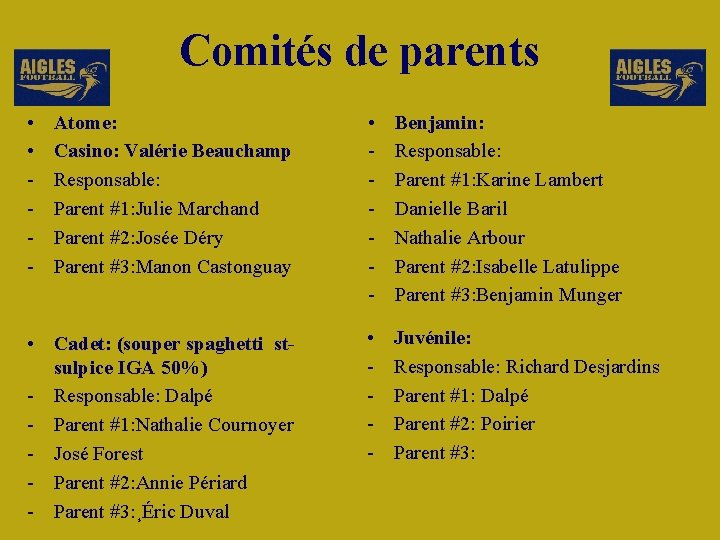 Comités de parents • • - Atome: Casino: Valérie Beauchamp Responsable: Parent #1: Julie