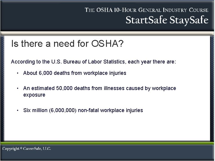 Is there a need for OSHA? According to the U. S. Bureau of Labor