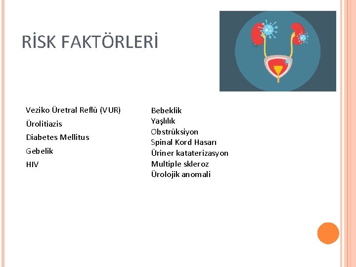 RİSK FAKTÖRLERİ Veziko Üretral Reflü (VUR) Ürolitiazis Diabetes Mellitus Gebelik HIV Bebeklik Yaşlılık Obstrüksiyon