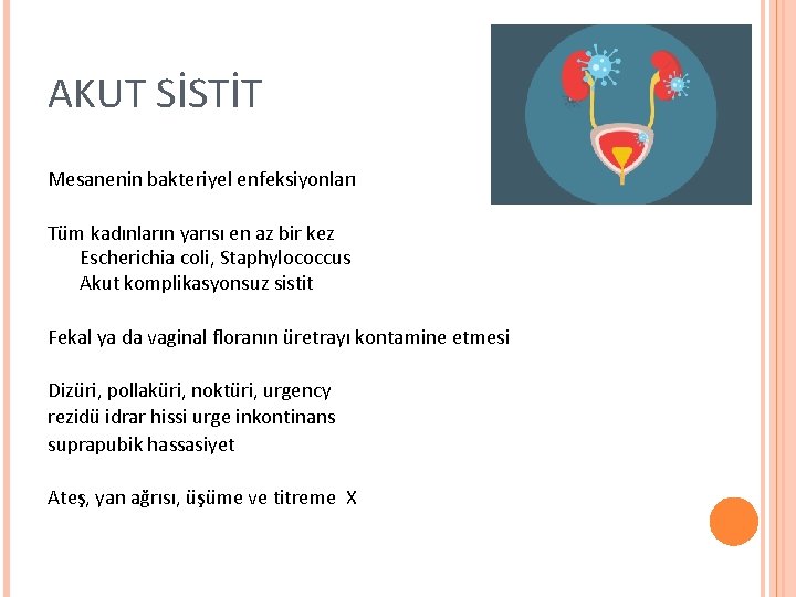 AKUT SİSTİT Mesanenin bakteriyel enfeksiyonları Tüm kadınların yarısı en az bir kez Escherichia coli,