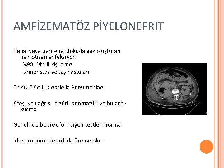 AMFİZEMATÖZ PİYELONEFRİT Renal veya perirenal dokuda gaz oluşturan nekrotizan enfeksiyon %90 DM’li kişilerde Üriner