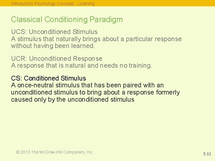 Introductory Psychology Concepts : Learning Classical Conditioning Paradigm UCS: Unconditioned Stimulus A stimulus that