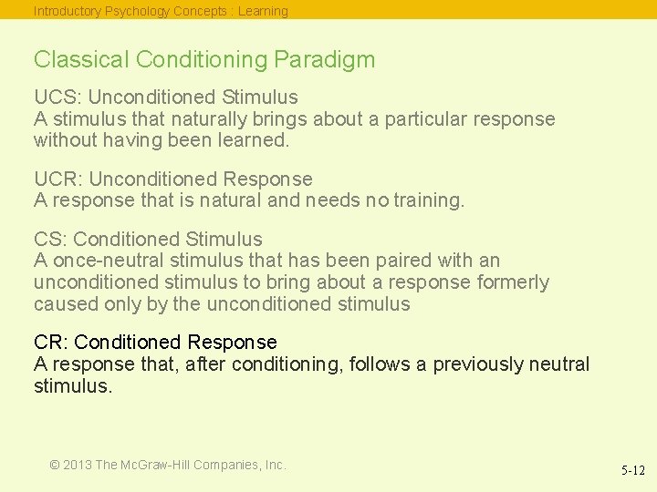 Introductory Psychology Concepts : Learning Classical Conditioning Paradigm UCS: Unconditioned Stimulus A stimulus that