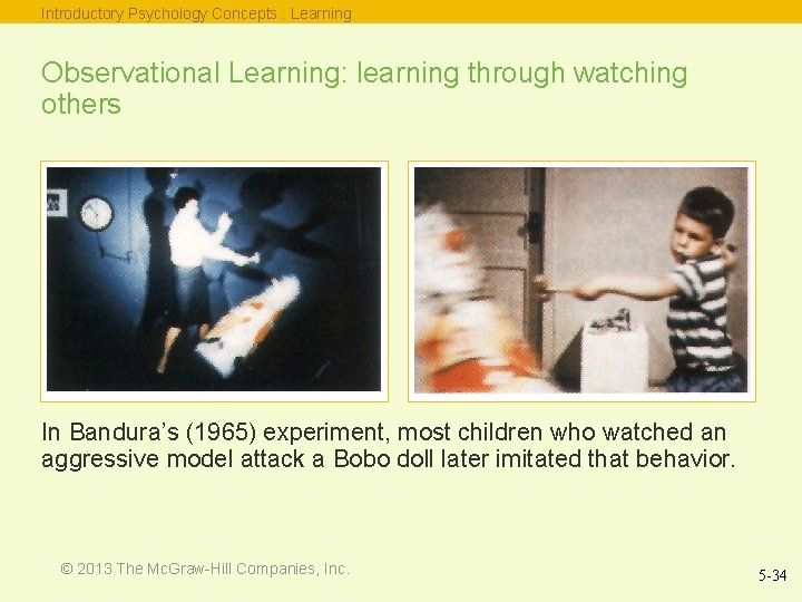 Introductory Psychology Concepts : Learning Observational Learning: learning through watching others In Bandura’s (1965)