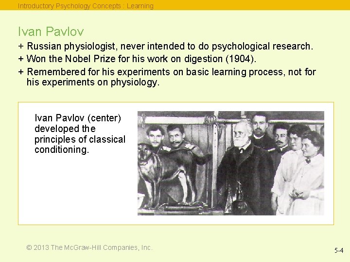 Introductory Psychology Concepts : Learning Ivan Pavlov + Russian physiologist, never intended to do