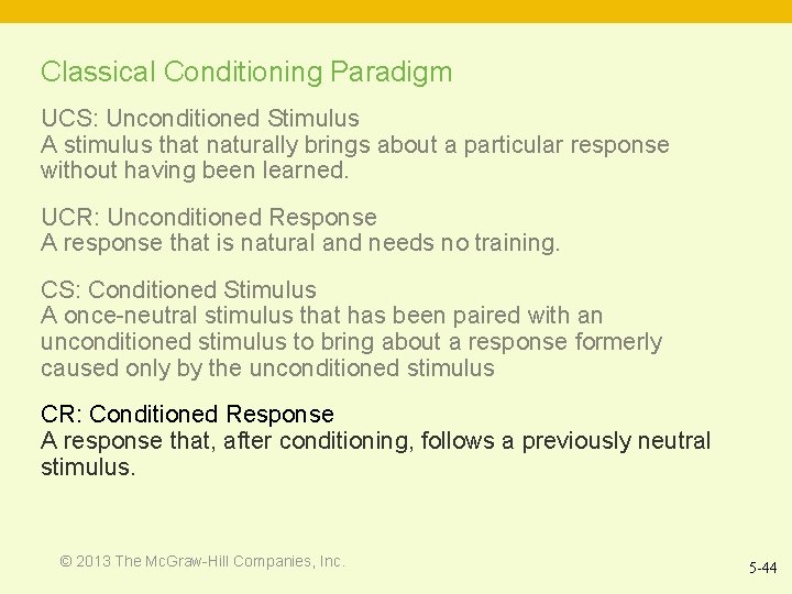 Classical Conditioning Paradigm UCS: Unconditioned Stimulus A stimulus that naturally brings about a particular