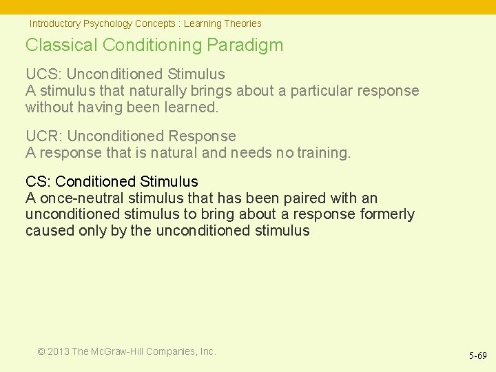 Introductory Psychology Concepts : Learning Theories Classical Conditioning Paradigm UCS: Unconditioned Stimulus A stimulus