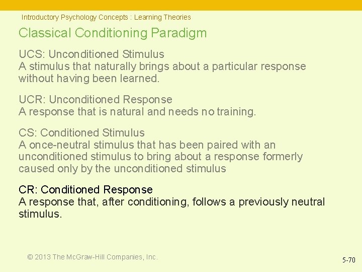 Introductory Psychology Concepts : Learning Theories Classical Conditioning Paradigm UCS: Unconditioned Stimulus A stimulus