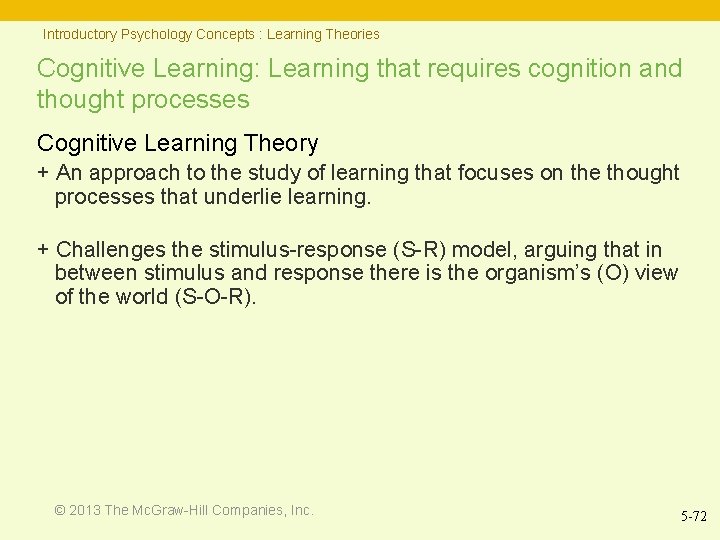 Introductory Psychology Concepts : Learning Theories Cognitive Learning: Learning that requires cognition and thought