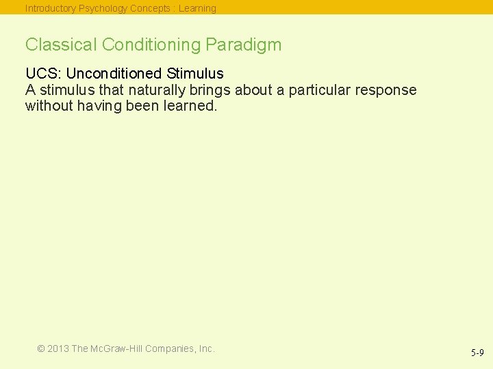 Introductory Psychology Concepts : Learning Classical Conditioning Paradigm UCS: Unconditioned Stimulus A stimulus that