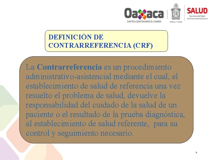 DEFINICIÓN DE CONTRARREFERENCIA (CRF) La Contrarreferencia es un procedimiento administrativo-asistencial mediante el cual, el