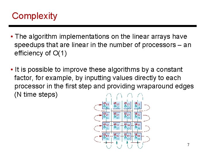 Complexity • The algorithm implementations on the linear arrays have speedups that are linear