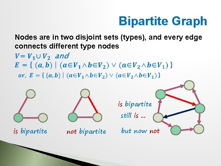 Bipartite Graph Nodes are in two disjoint sets (types), and every edge connects different
